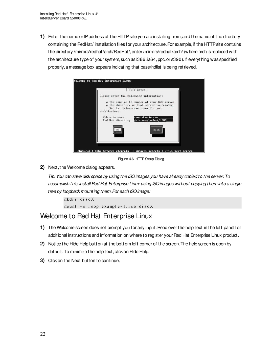 Intel S5000PAL manual Welcome to Red Hat Enterprise Linux, Http Setup Dialog 