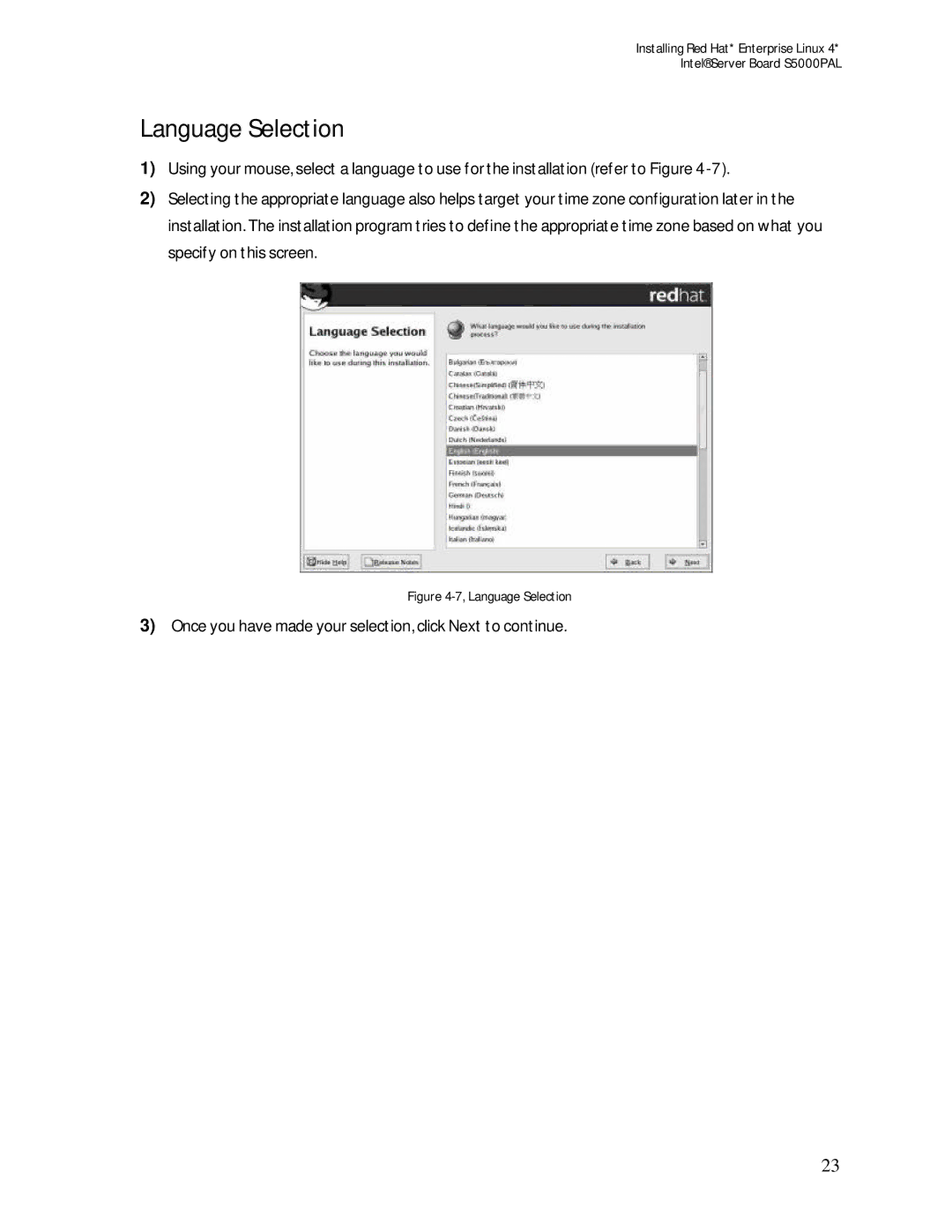 Intel S5000PAL manual Language Selection 