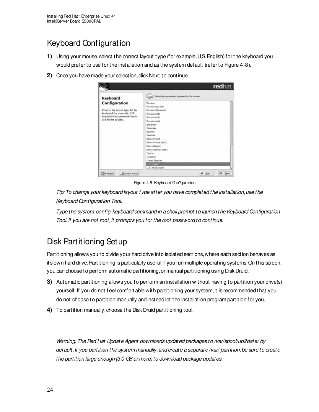 Intel S5000PAL manual Keyboard Configuration, Disk Partitioning Setup 