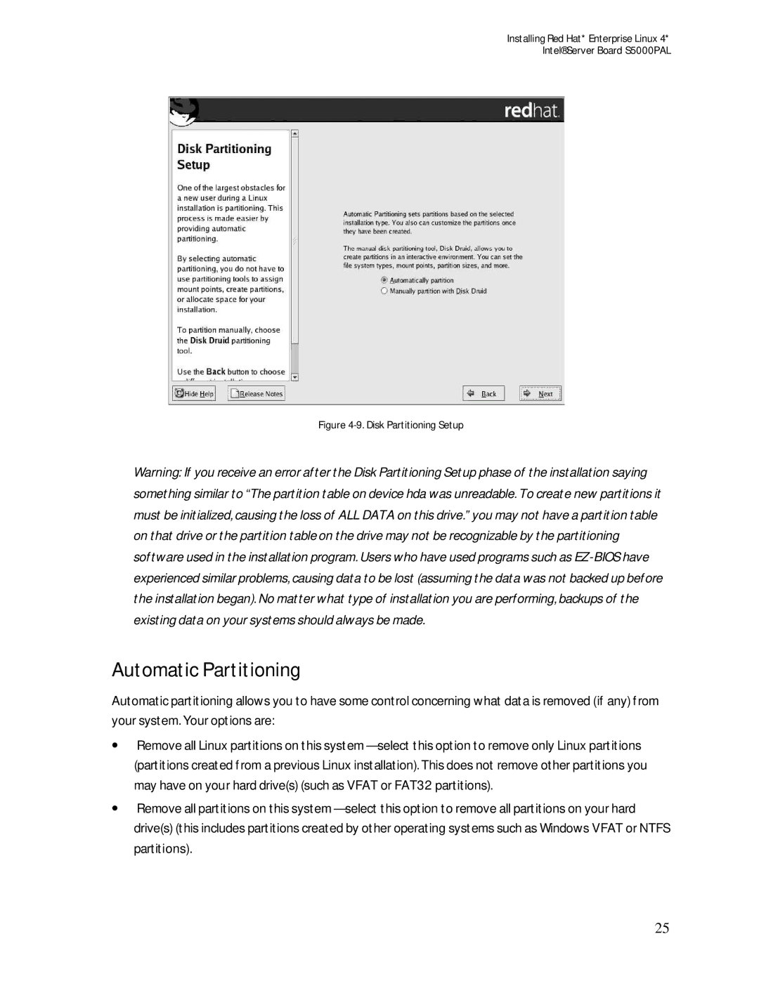 Intel S5000PAL manual Automatic Partitioning, Disk Partitioning Setup 