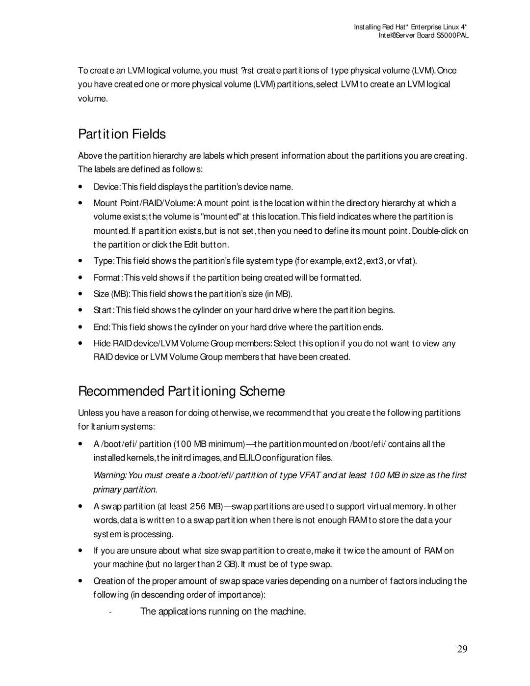 Intel S5000PAL manual Partition Fields, Recommended Partitioning Scheme 