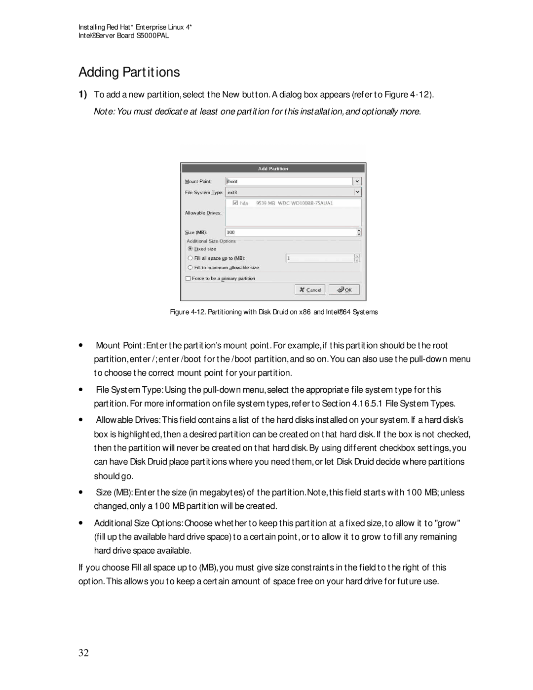 Intel S5000PAL manual Adding Partitions, Partitioning with Disk Druid on x86 and Intel 64 Systems 