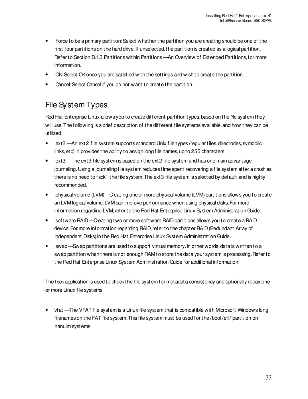 Intel S5000PAL manual File System Types 