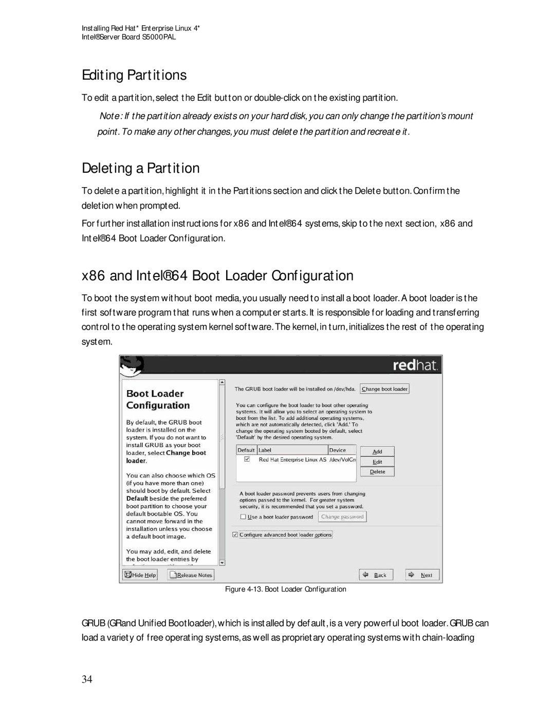 Intel S5000PAL manual Editing Partitions, Deleting a Partition, X86 and Intel 64 Boot Loader Configuration 