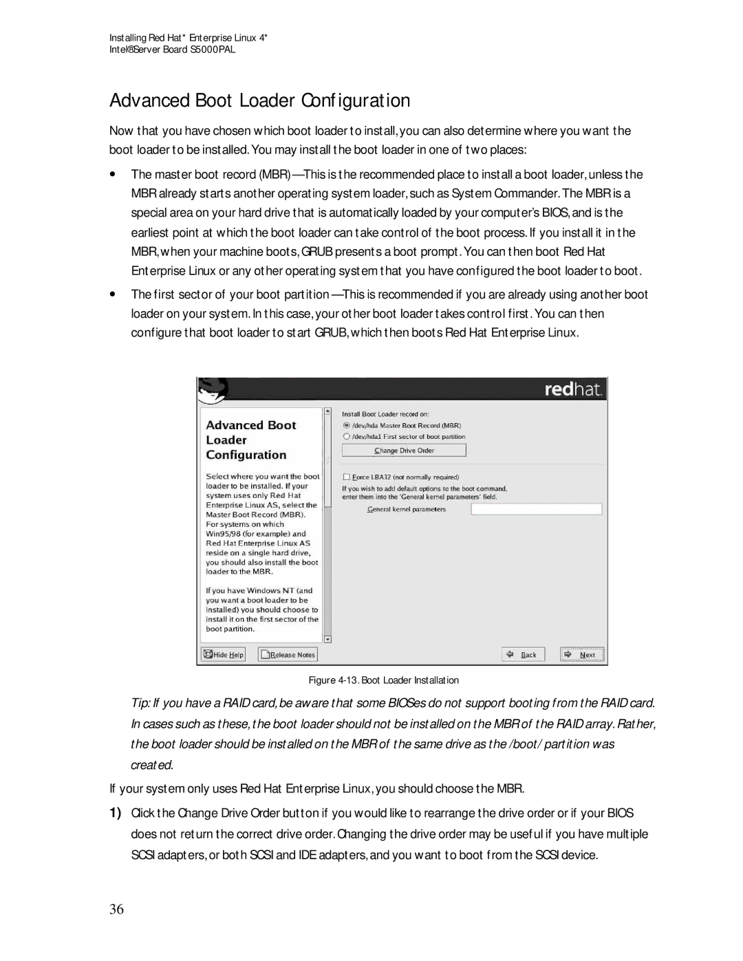 Intel S5000PAL manual Advanced Boot Loader Configuration, Boot Loader Installation 