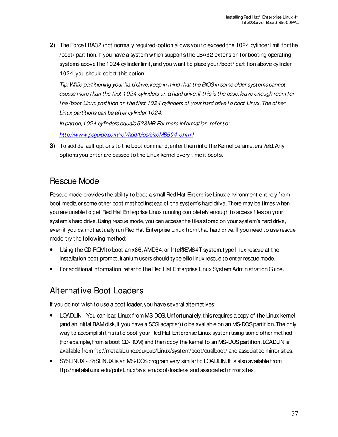 Intel S5000PAL manual Rescue Mode, Alternative Boot Loaders 