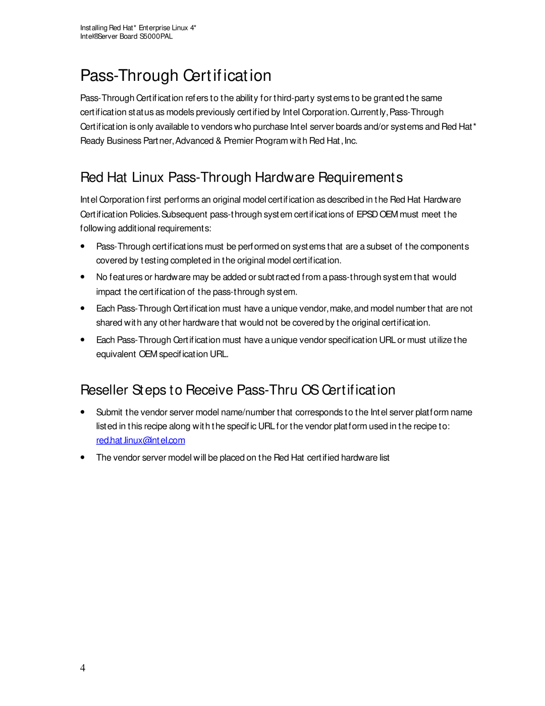 Intel S5000PAL Red Hat Linux Pass-Through Hardware Requirements, Reseller Steps to Receive Pass-Thru OS Certification 