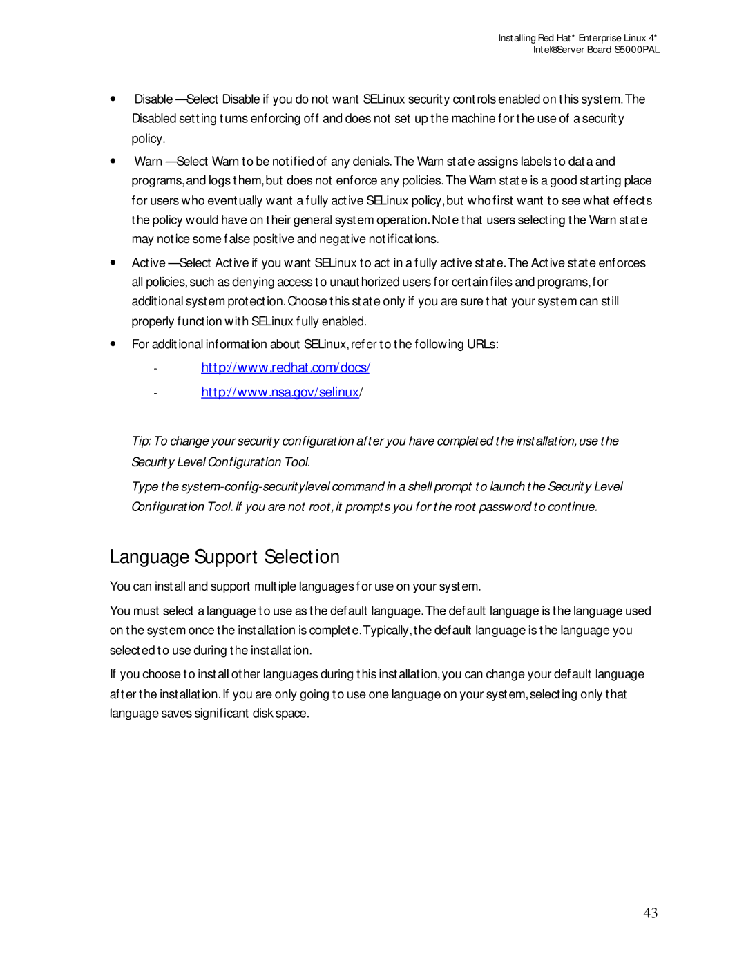 Intel S5000PAL manual Language Support Selection 