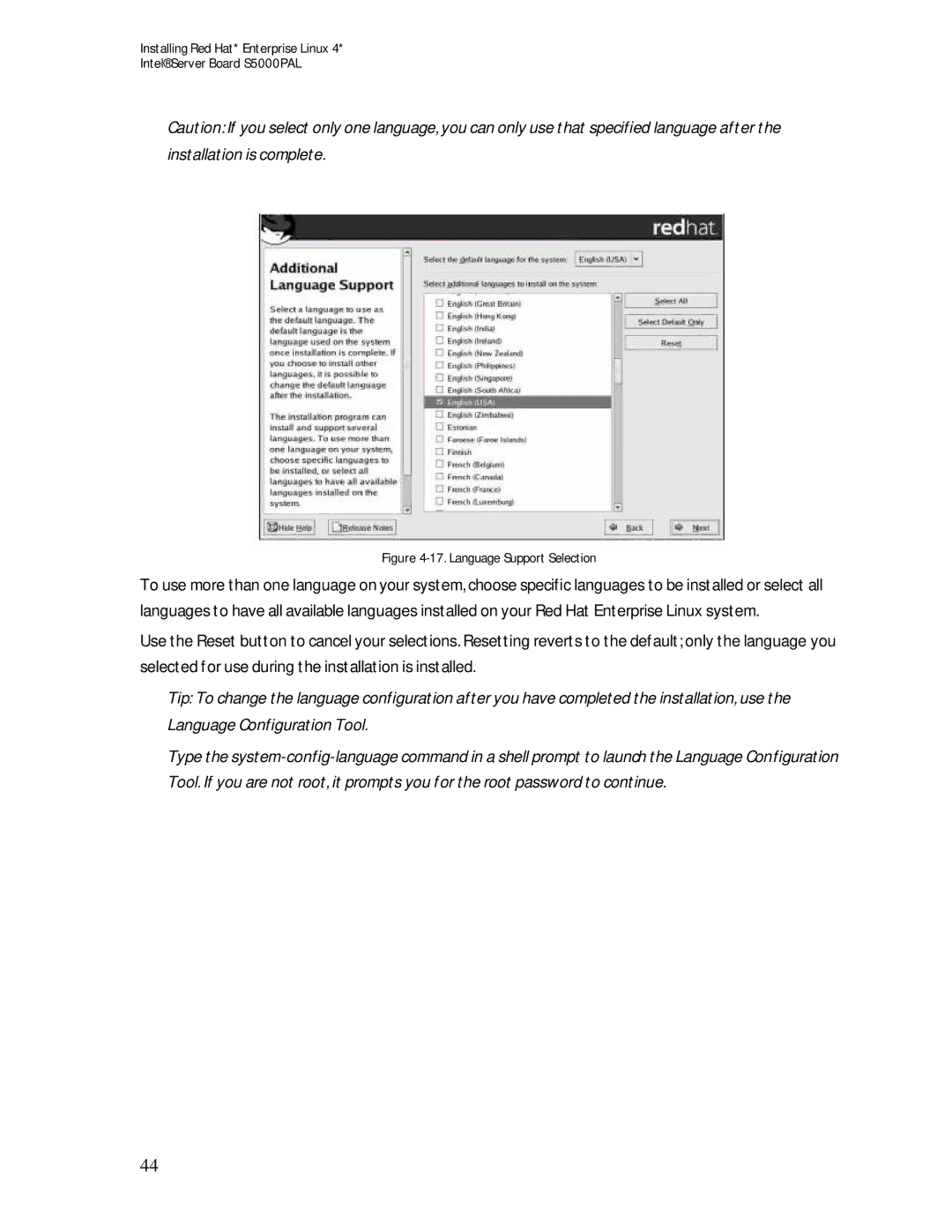 Intel S5000PAL manual Language Support Selection 