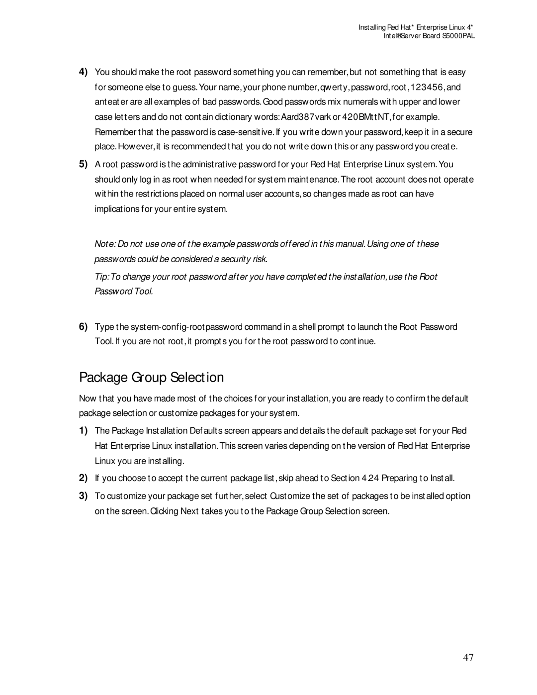 Intel S5000PAL manual Package Group Selection 