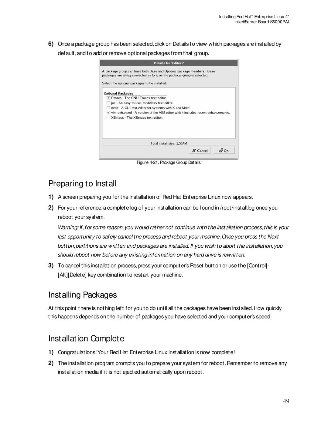 Intel S5000PAL manual Preparing to Install, Installing Packages, Installation Complete 