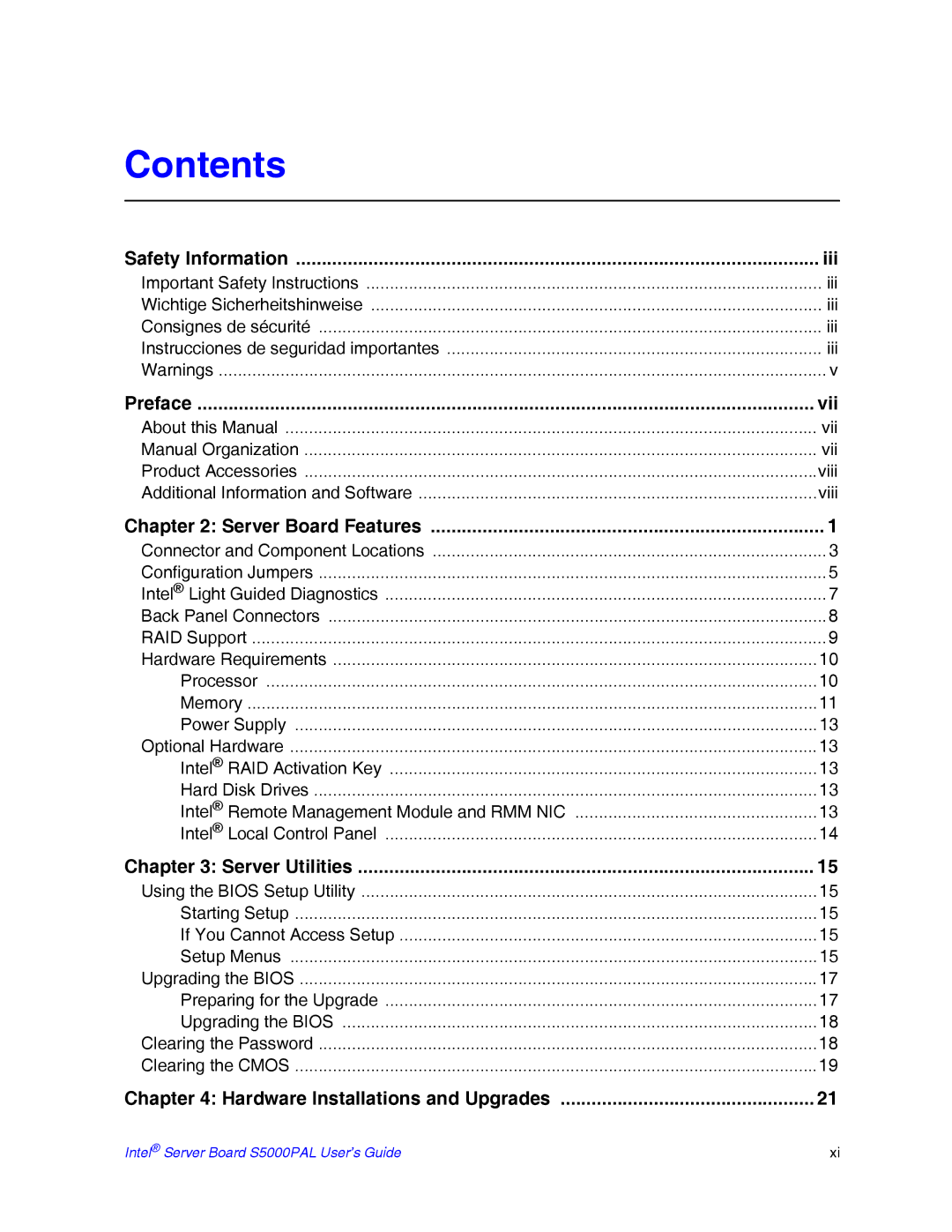 Intel S5000PAL manual Contents 