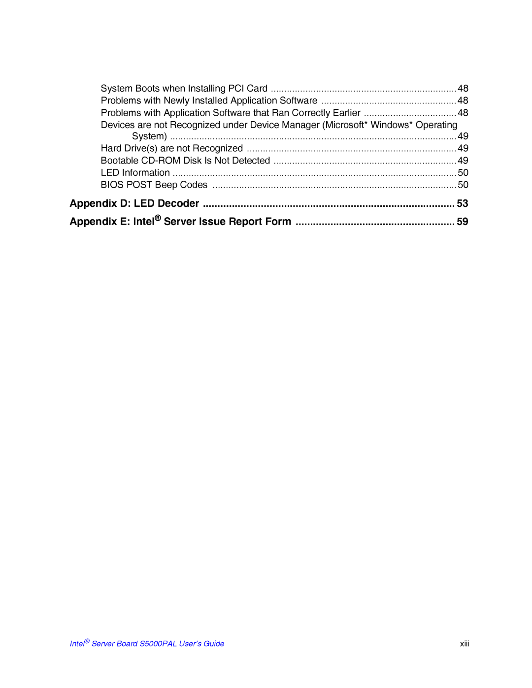 Intel manual Intel Server Board S5000PAL User’s Guide Xiii 