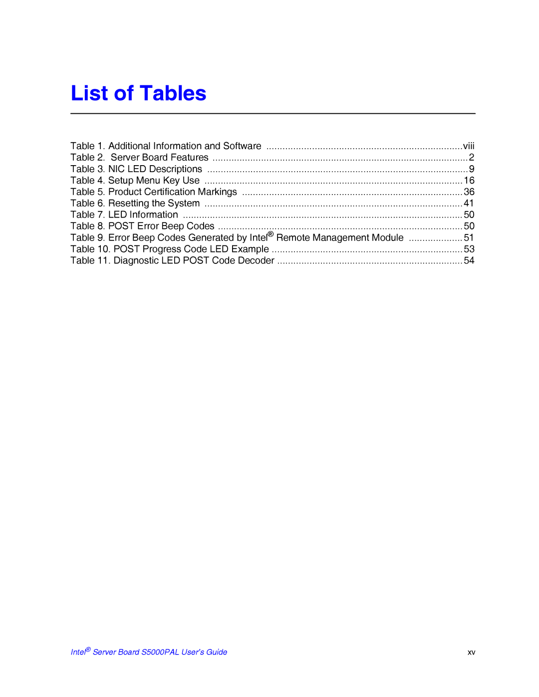 Intel S5000PAL manual List of Tables 