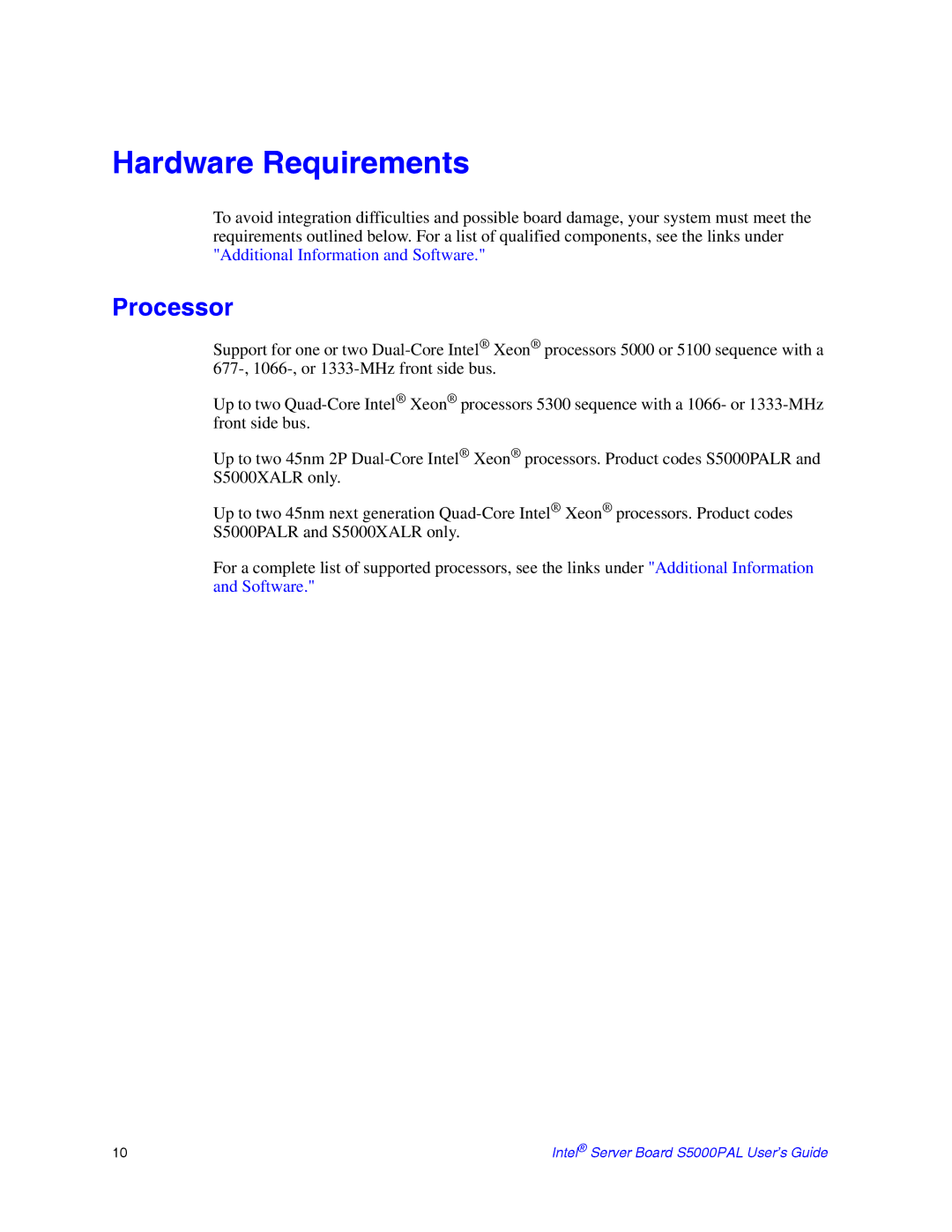 Intel S5000PAL manual Hardware Requirements, Processor 