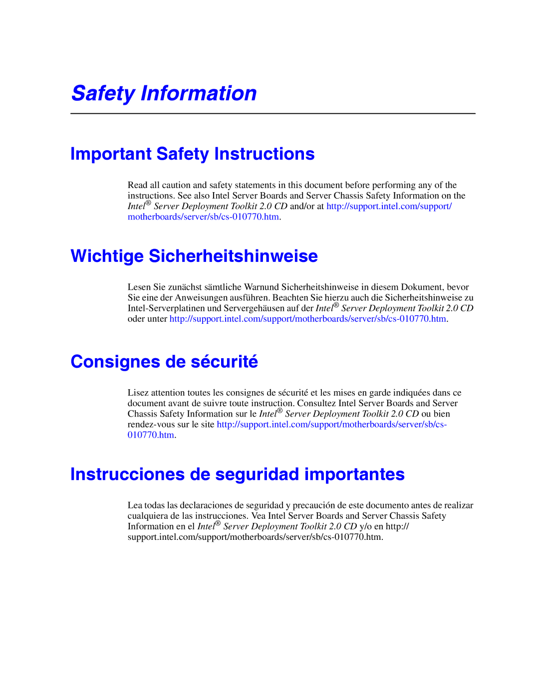 Intel S5000PAL manual Safety Information 