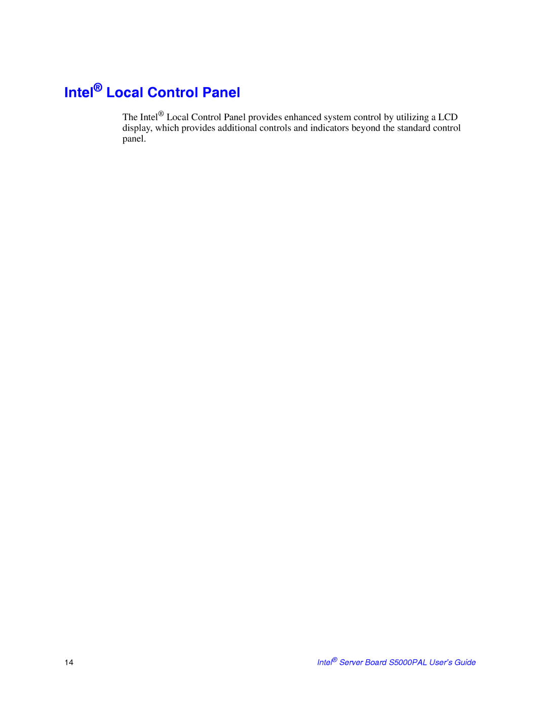 Intel S5000PAL manual Intel Local Control Panel 