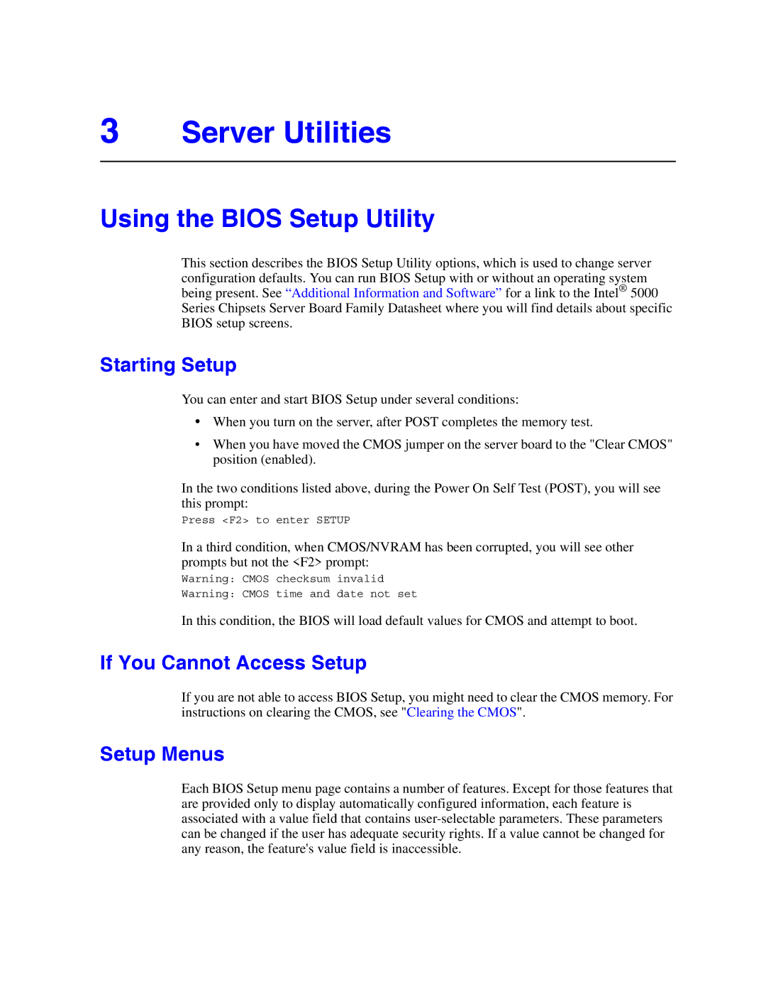 Intel S5000PAL Server Utilities, Using the Bios Setup Utility, Starting Setup, If You Cannot Access Setup, Setup Menus 