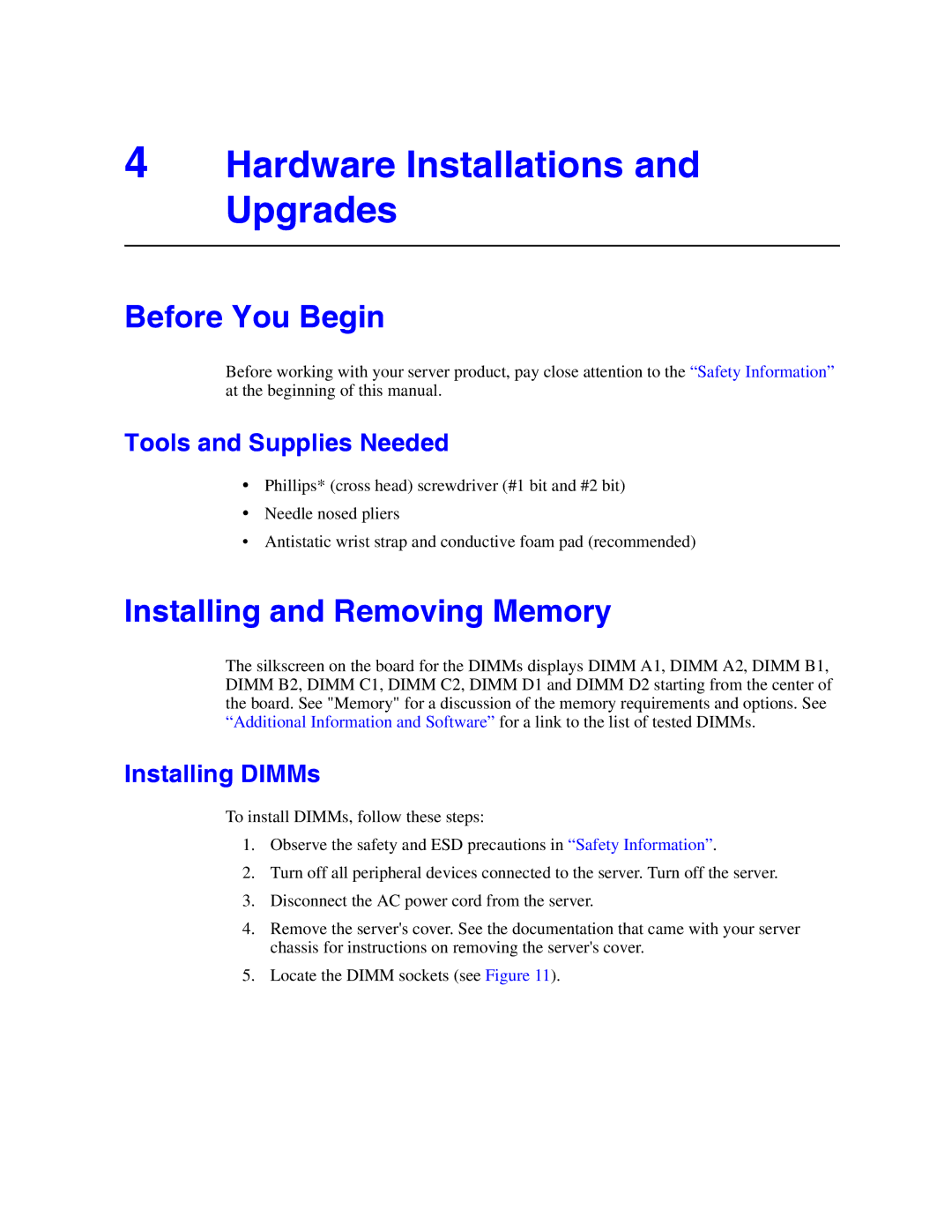 Intel S5000PAL Hardware Installations and Upgrades, Before You Begin, Installing and Removing Memory, Installing DIMMs 