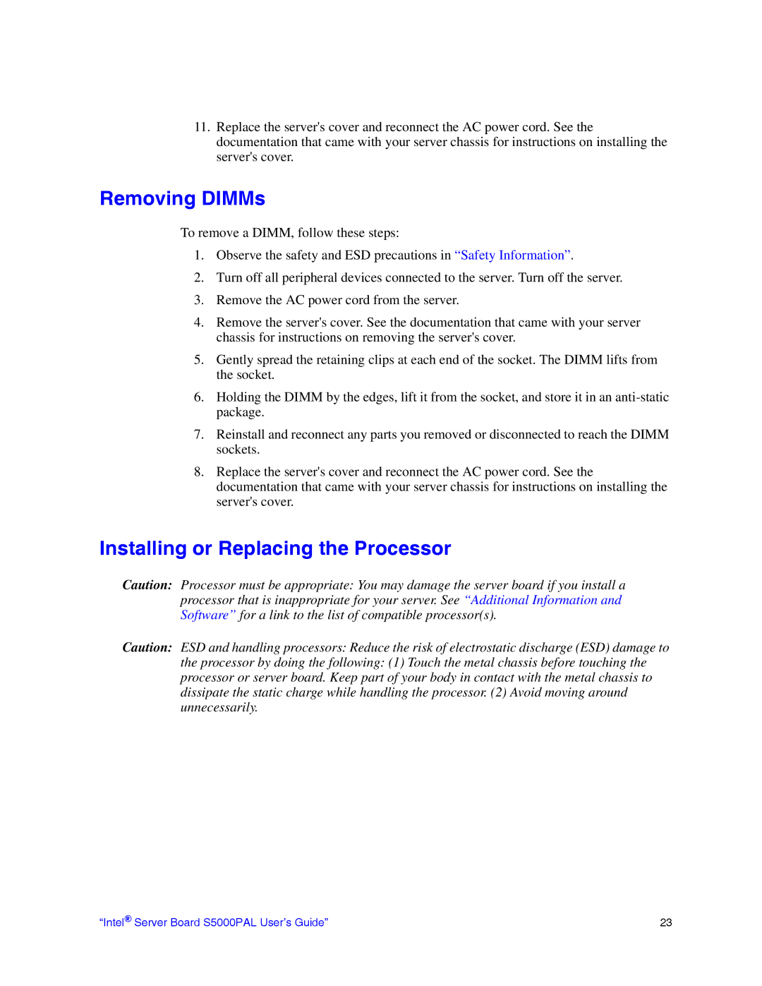 Intel S5000PAL manual Removing DIMMs, Installing or Replacing the Processor 