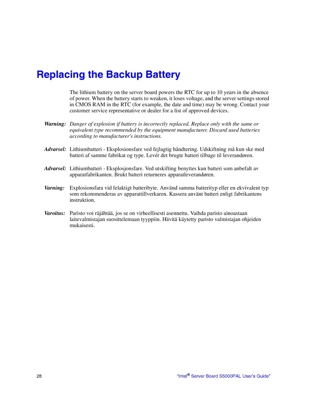 Intel S5000PAL manual Replacing the Backup Battery 