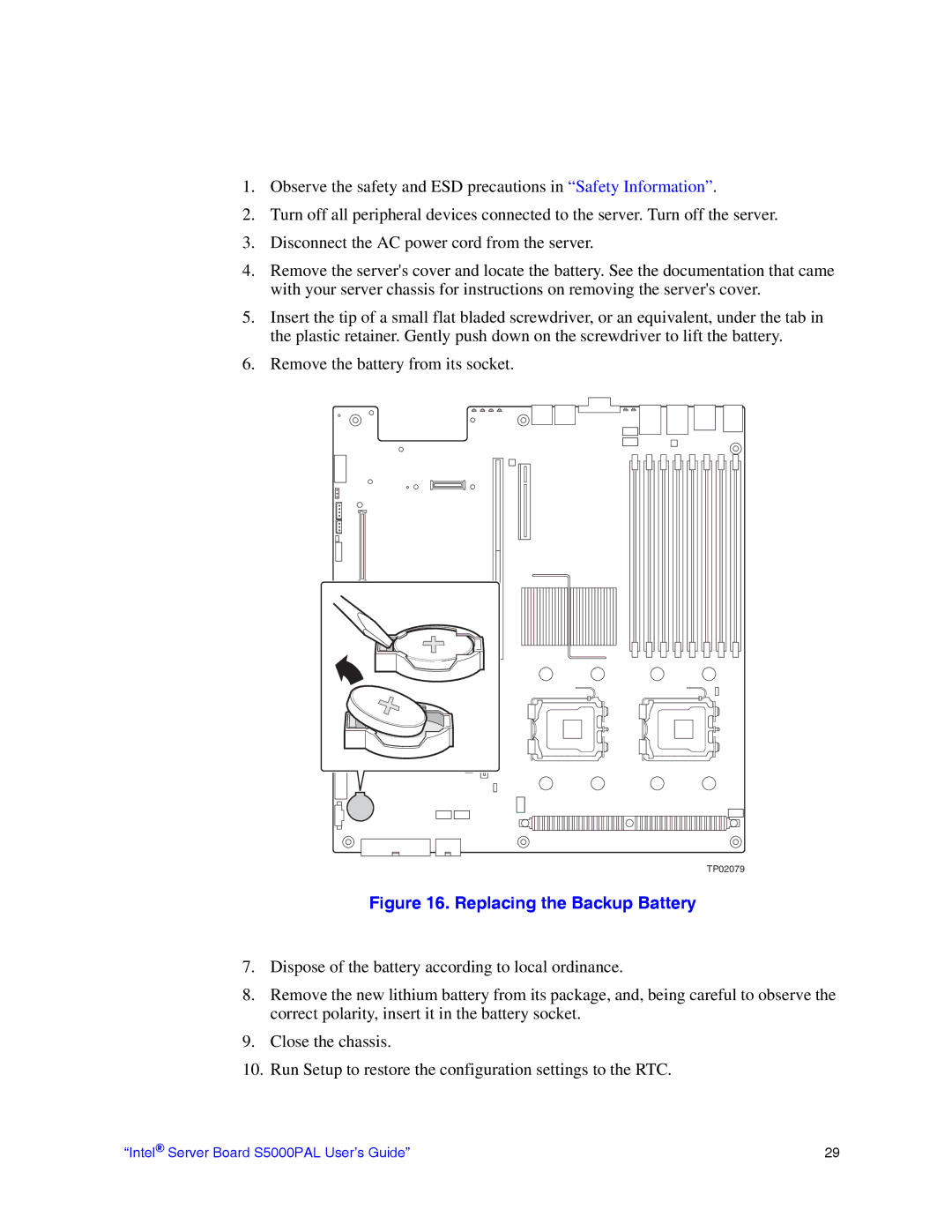 Intel S5000PAL manual Replacing the Backup Battery 