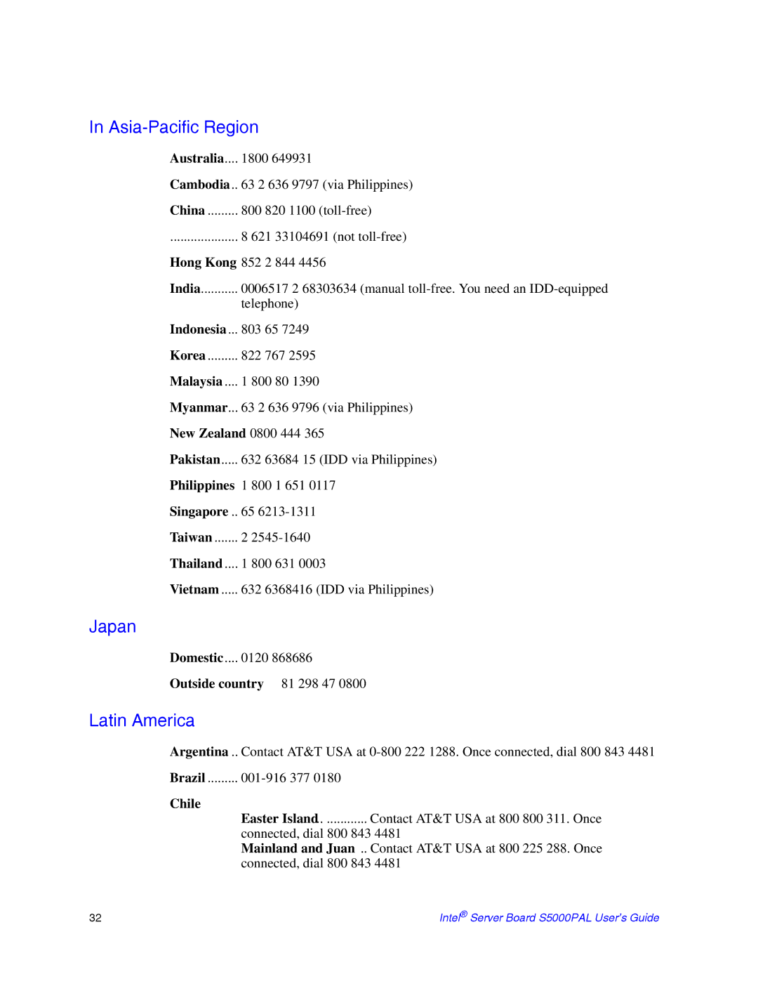 Intel S5000PAL manual Asia-Pacific Region, Japan, Latin America 