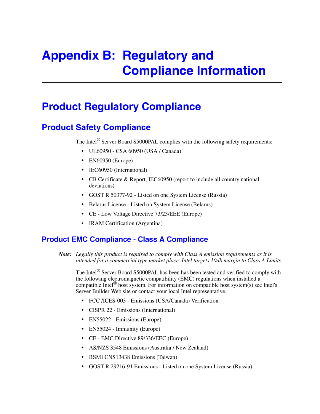 Intel S5000PAL Appendix B Regulatory and Compliance Information, Product Regulatory Compliance, Product Safety Compliance 