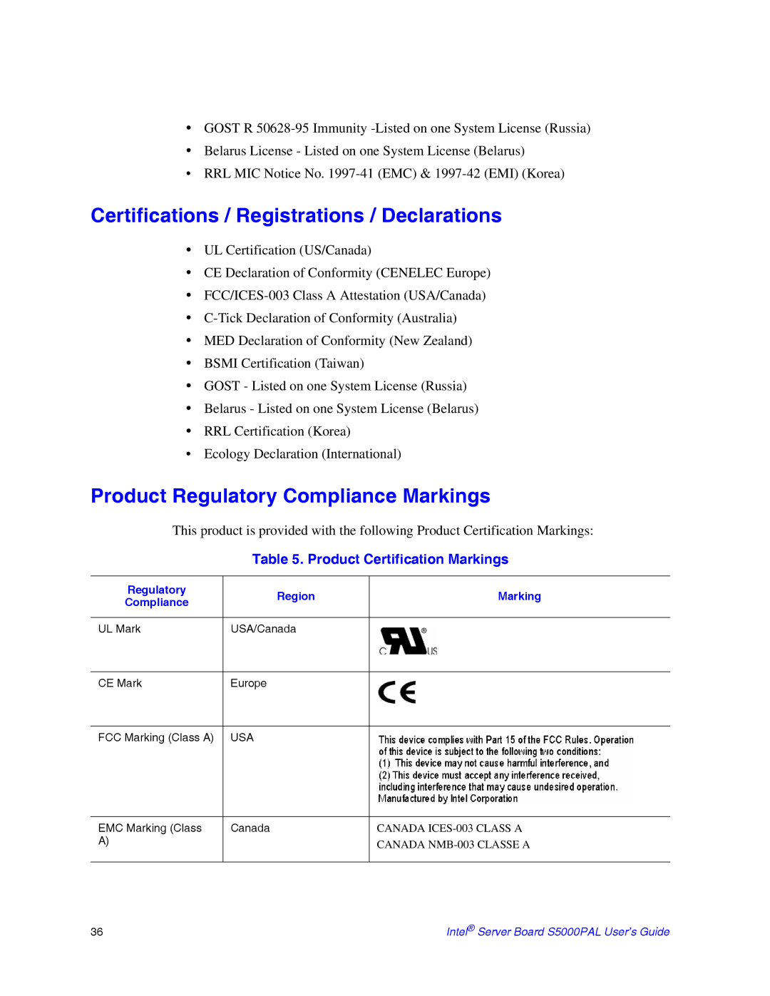 Intel S5000PAL manual Certifications / Registrations / Declarations, Product Regulatory Compliance Markings 