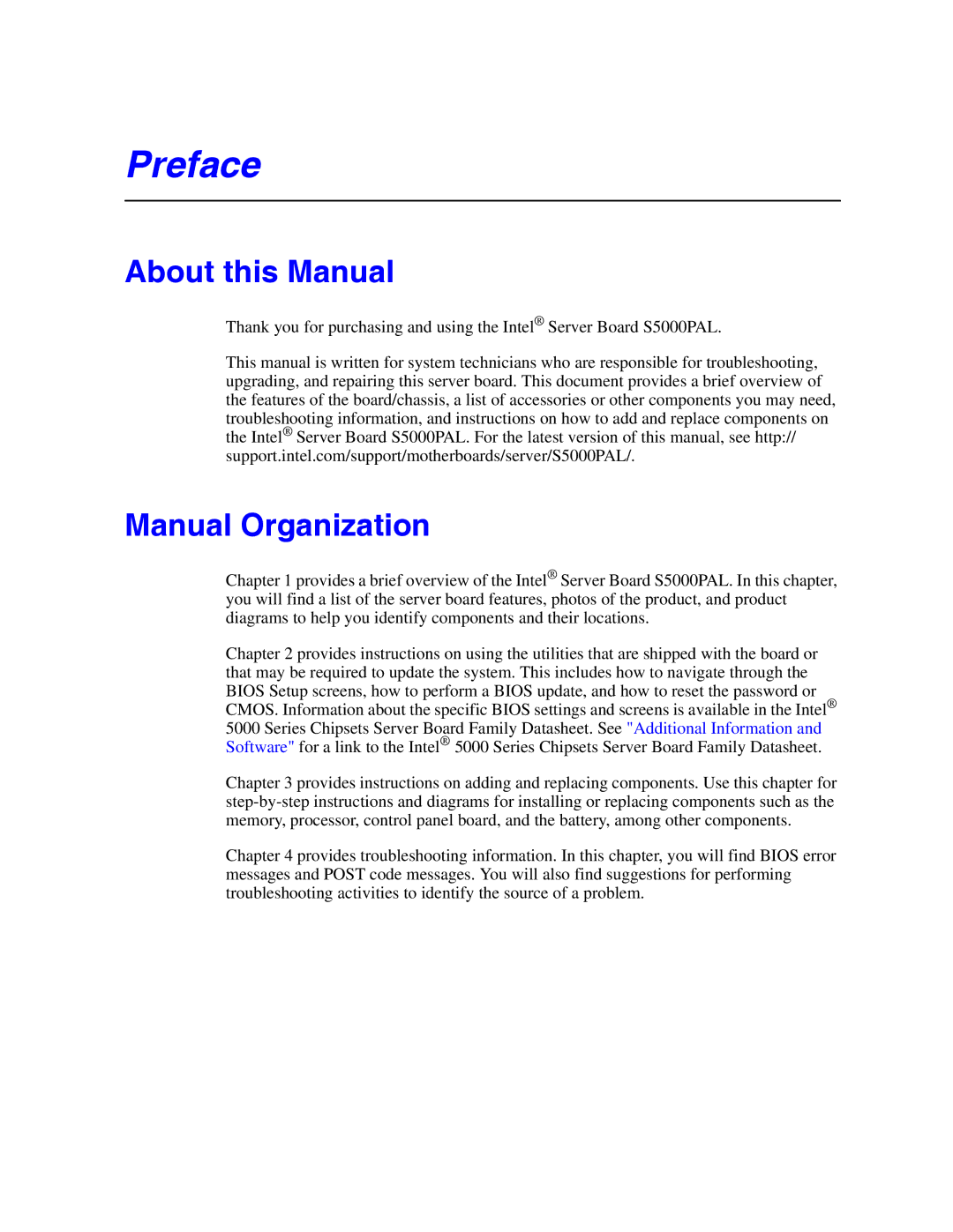 Intel S5000PAL manual About this Manual, Manual Organization 