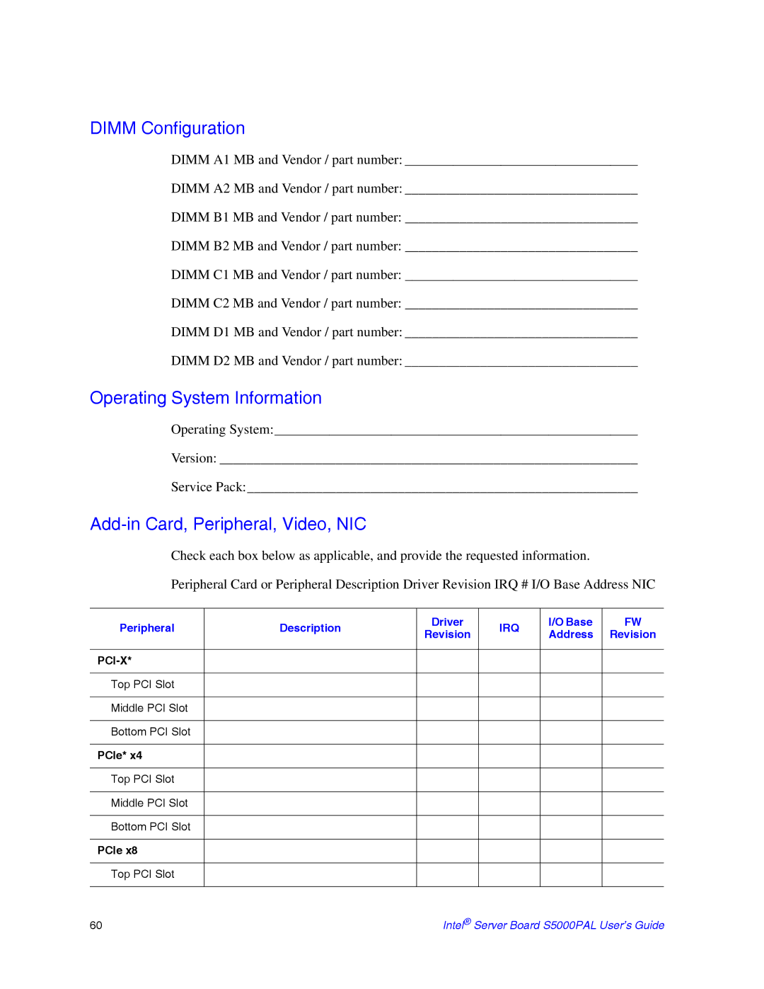 Intel S5000PAL manual Dimm Configuration, Operating System Information, Add-in Card, Peripheral, Video, NIC 