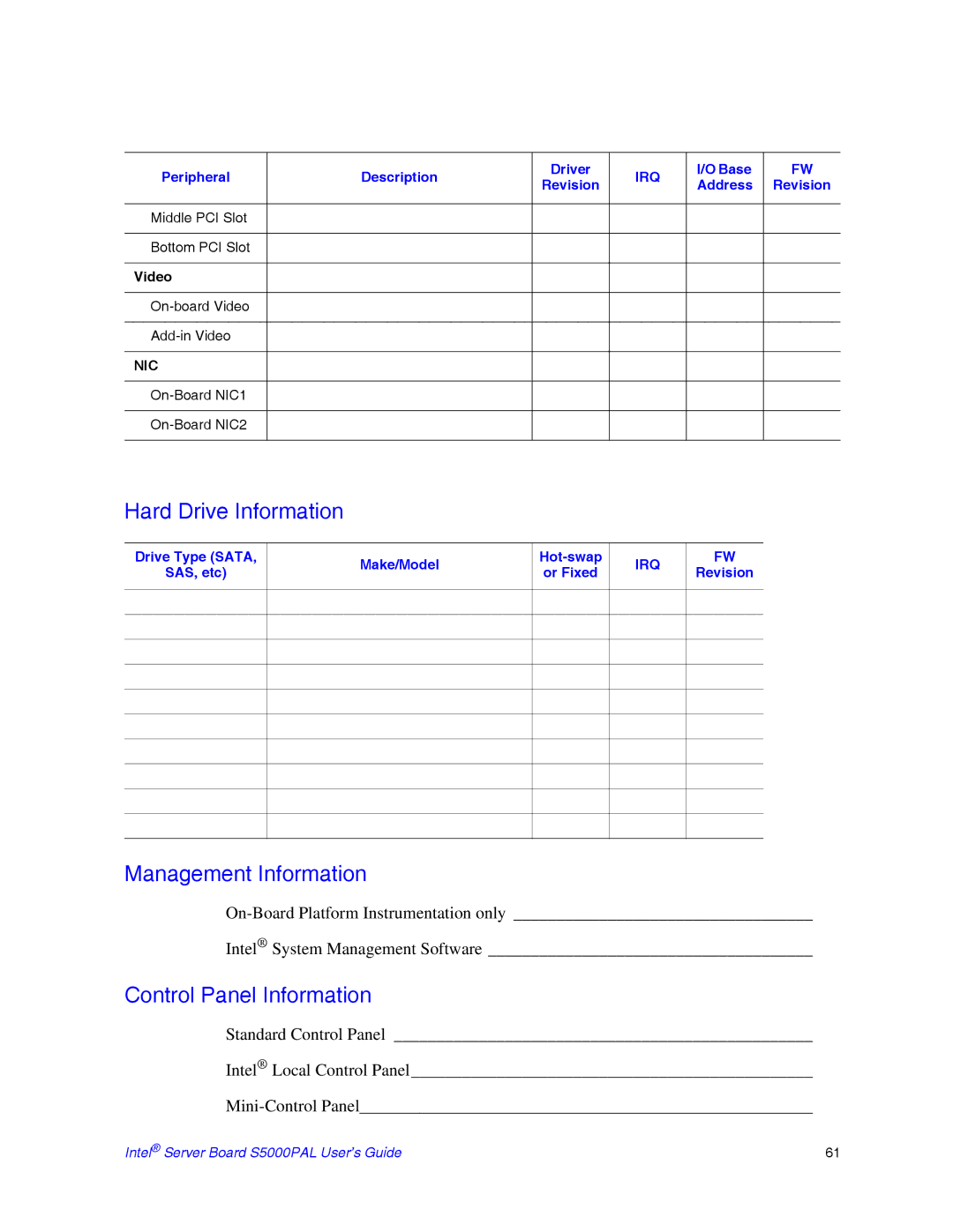 Intel S5000PAL manual Hard Drive Information, Management Information, Control Panel Information 