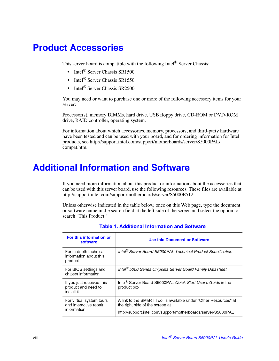 Intel S5000PAL manual Product Accessories, Additional Information and Software 