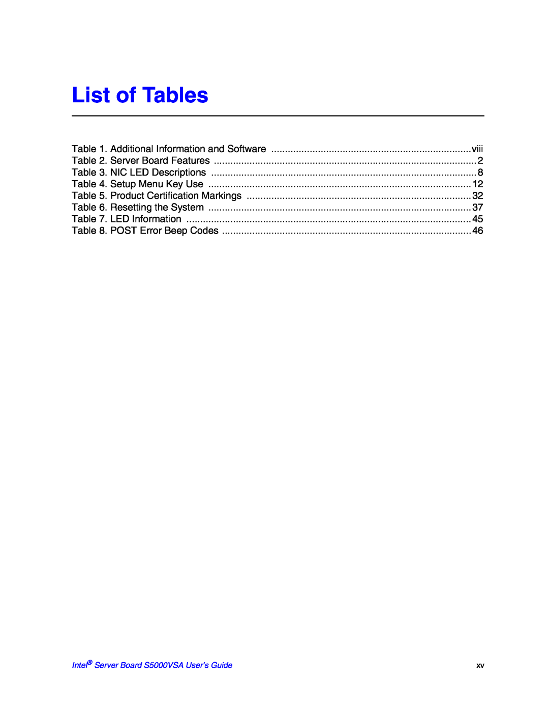 Intel S5000VSA List of Tables, Additional Information and Software, viii, Server Board Features, NIC LED Descriptions 