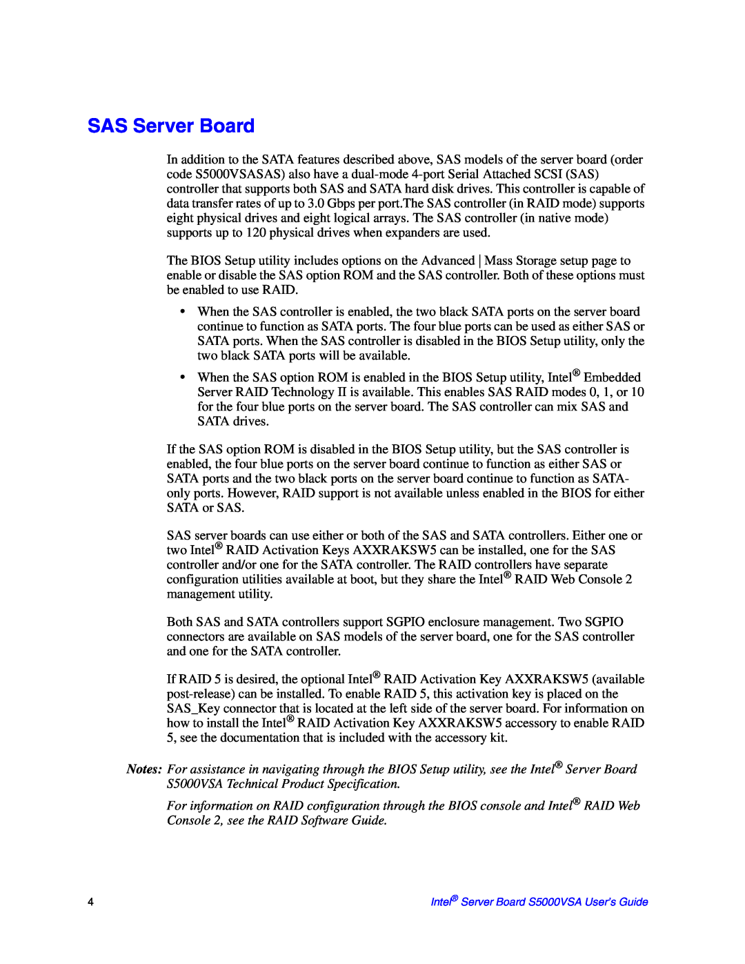 Intel S5000VSA manual SAS Server Board 