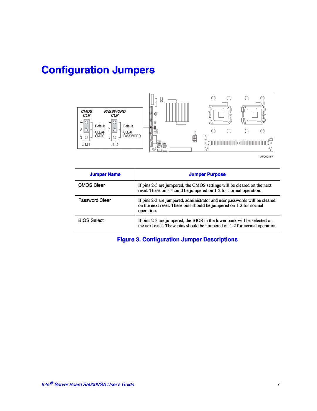 Intel manual Configuration Jumpers, Configuration Jumper Descriptions, Intel Server Board S5000VSA User’s Guide 