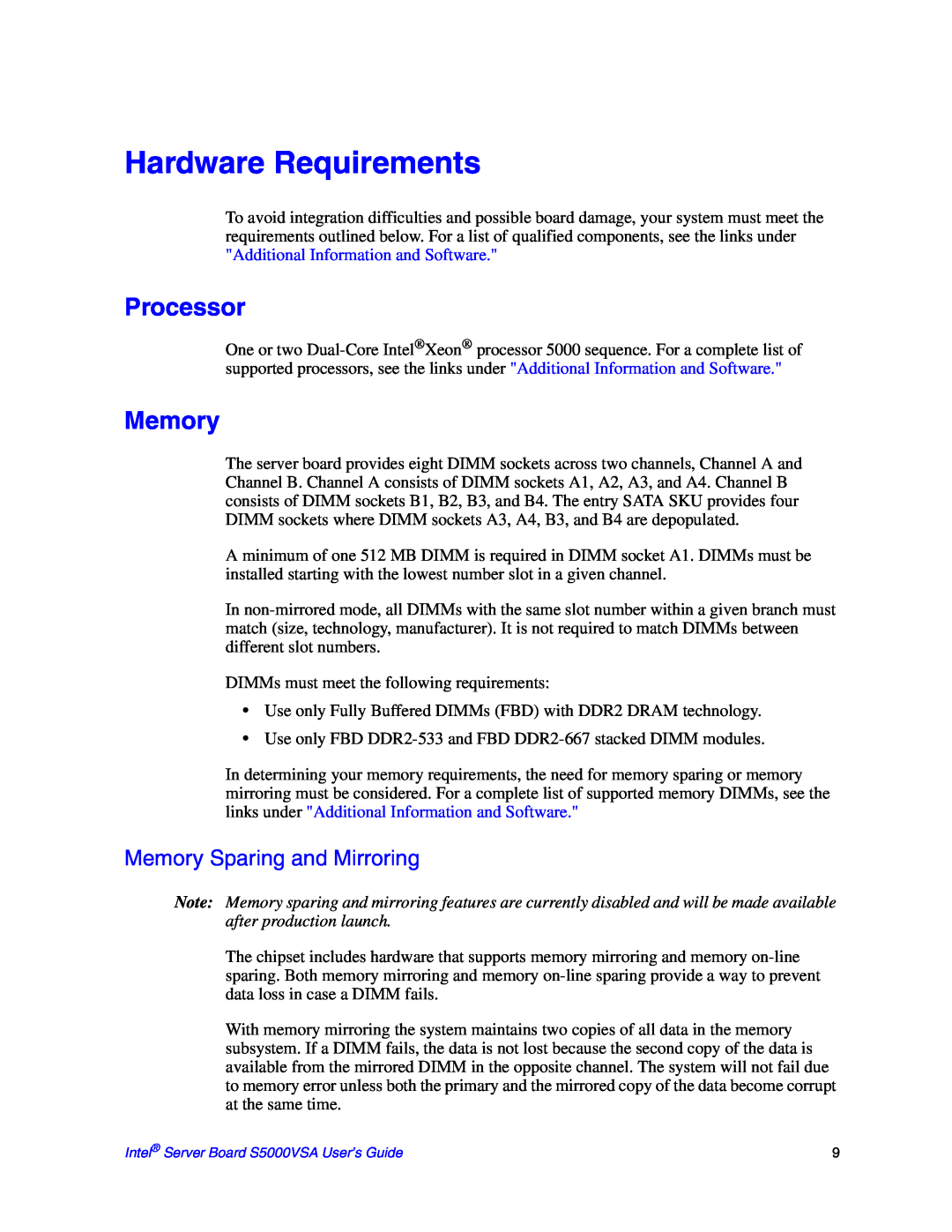 Intel S5000VSA manual Hardware Requirements, Processor, Memory Sparing and Mirroring 