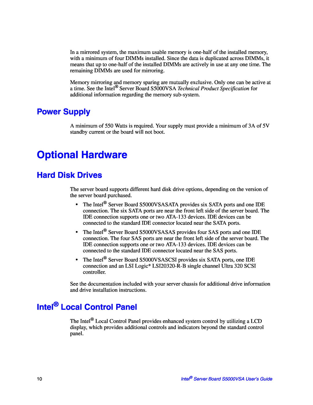 Intel S5000VSA manual Optional Hardware, Power Supply, Hard Disk Drives, Intel Local Control Panel 