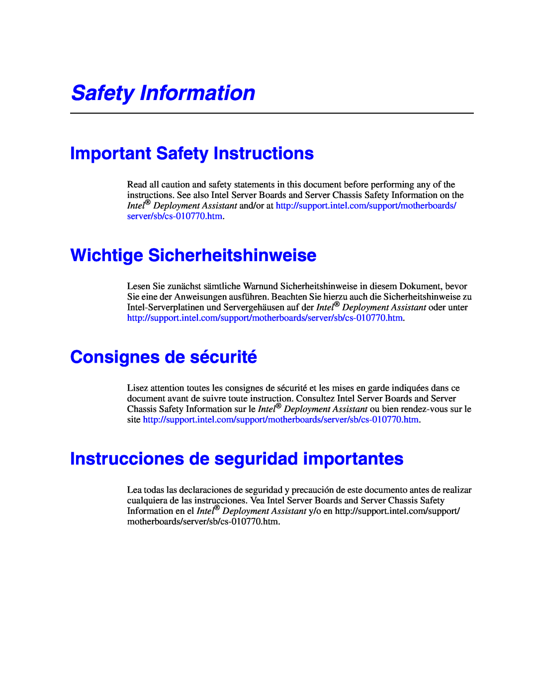 Intel S5000VSA Safety Information, Important Safety Instructions, Wichtige Sicherheitshinweise, Consignes de sécurité 