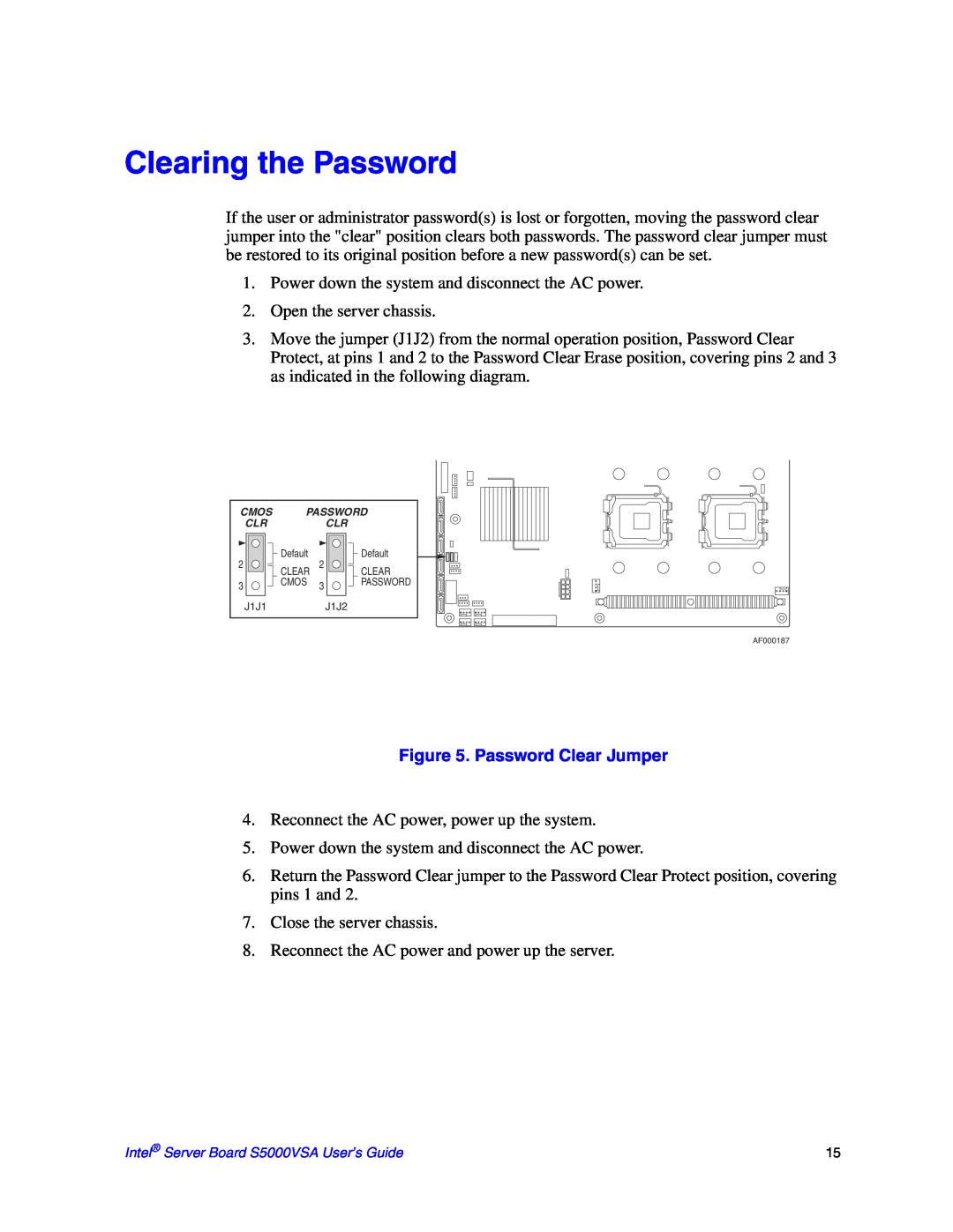 Intel S5000VSA manual Clearing the Password, Password Clear Jumper 