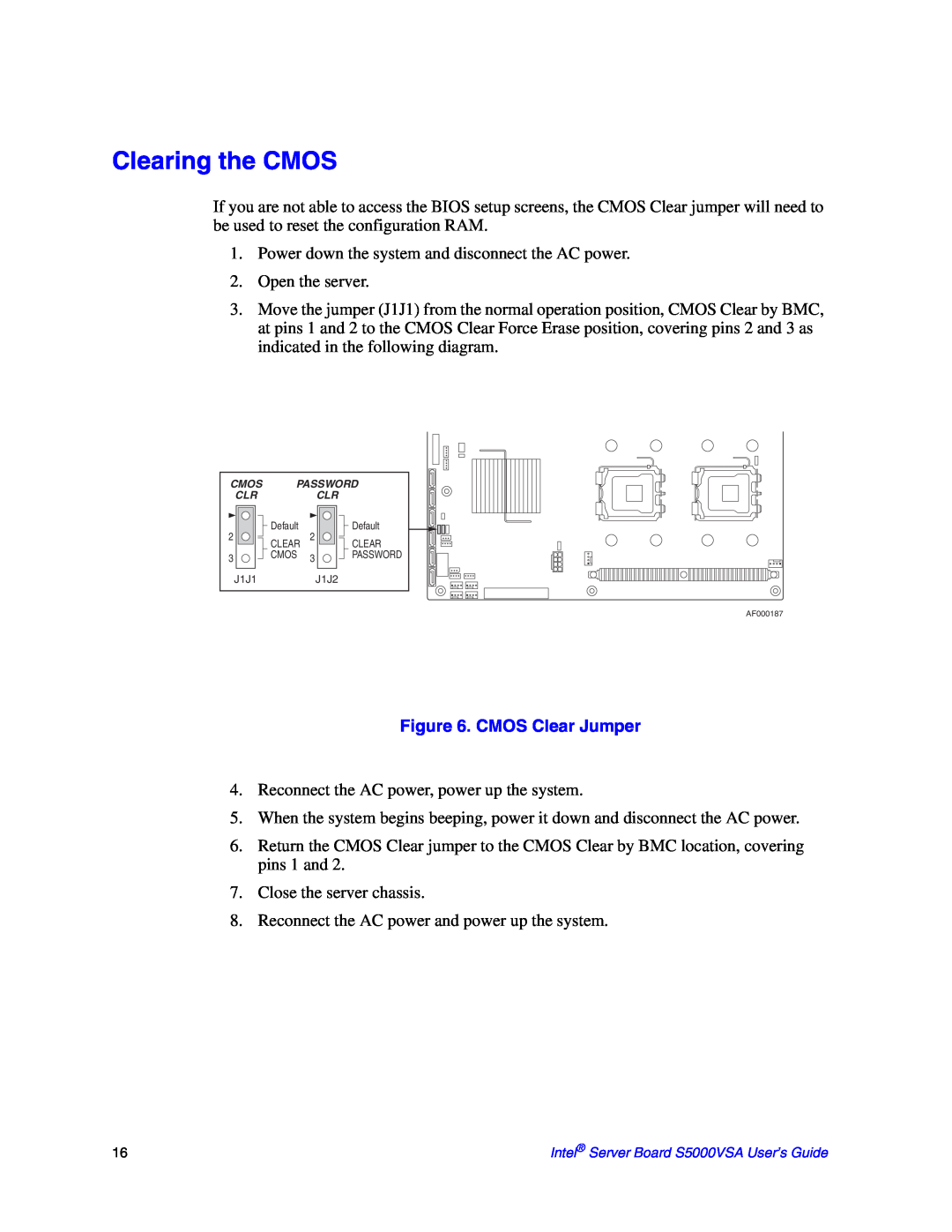 Intel S5000VSA manual Clearing the CMOS, CMOS Clear Jumper 