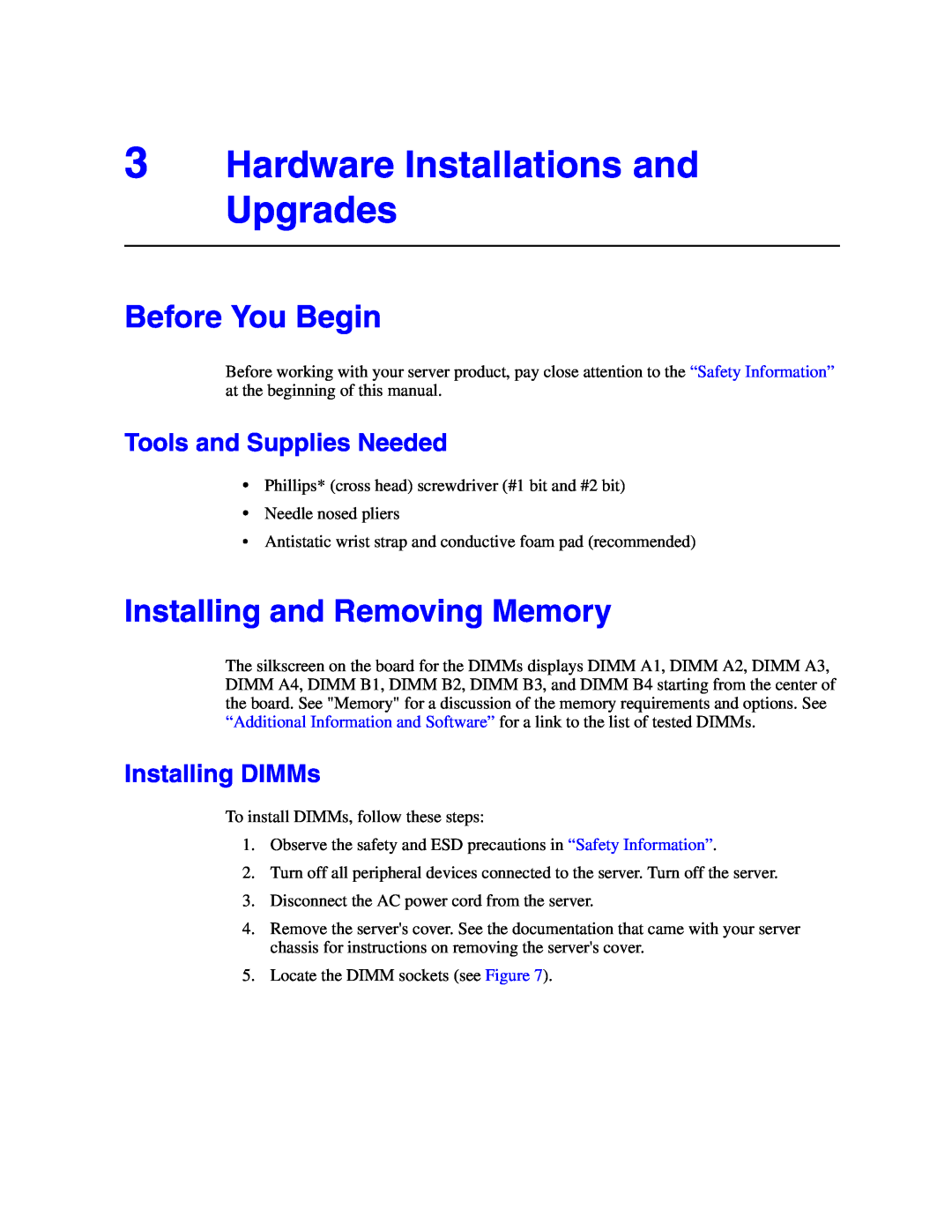 Intel S5000VSA Hardware Installations and Upgrades, Before You Begin, Installing and Removing Memory, Installing DIMMs 