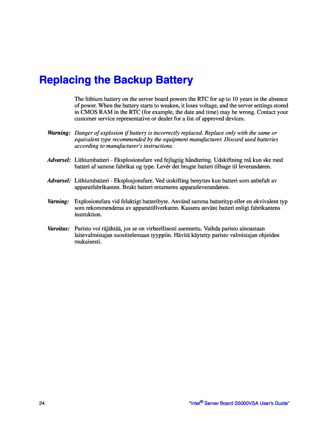 Intel S5000VSA manual Replacing the Backup Battery 