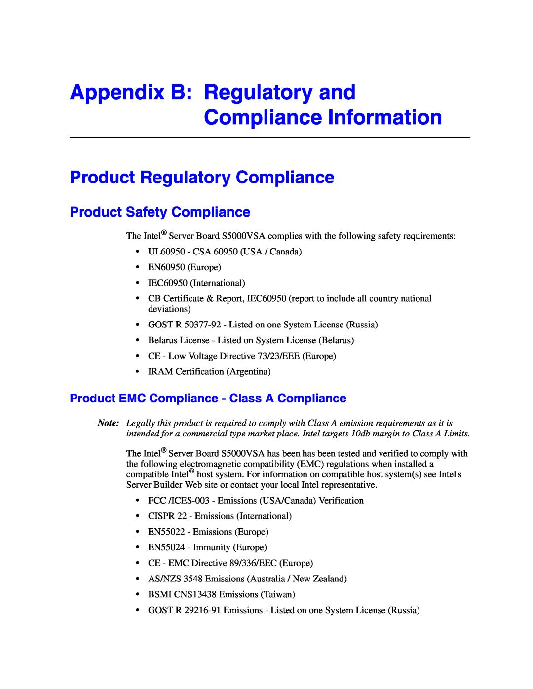 Intel S5000VSA Appendix B Regulatory and Compliance Information, Product Regulatory Compliance, Product Safety Compliance 