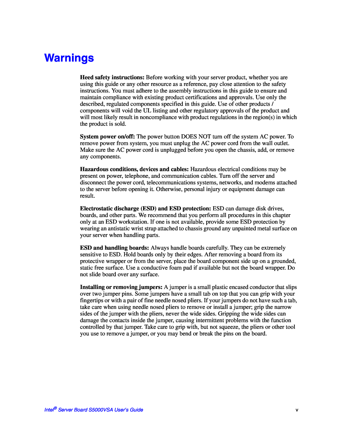 Intel manual Warnings, Intel Server Board S5000VSA User’s Guide 