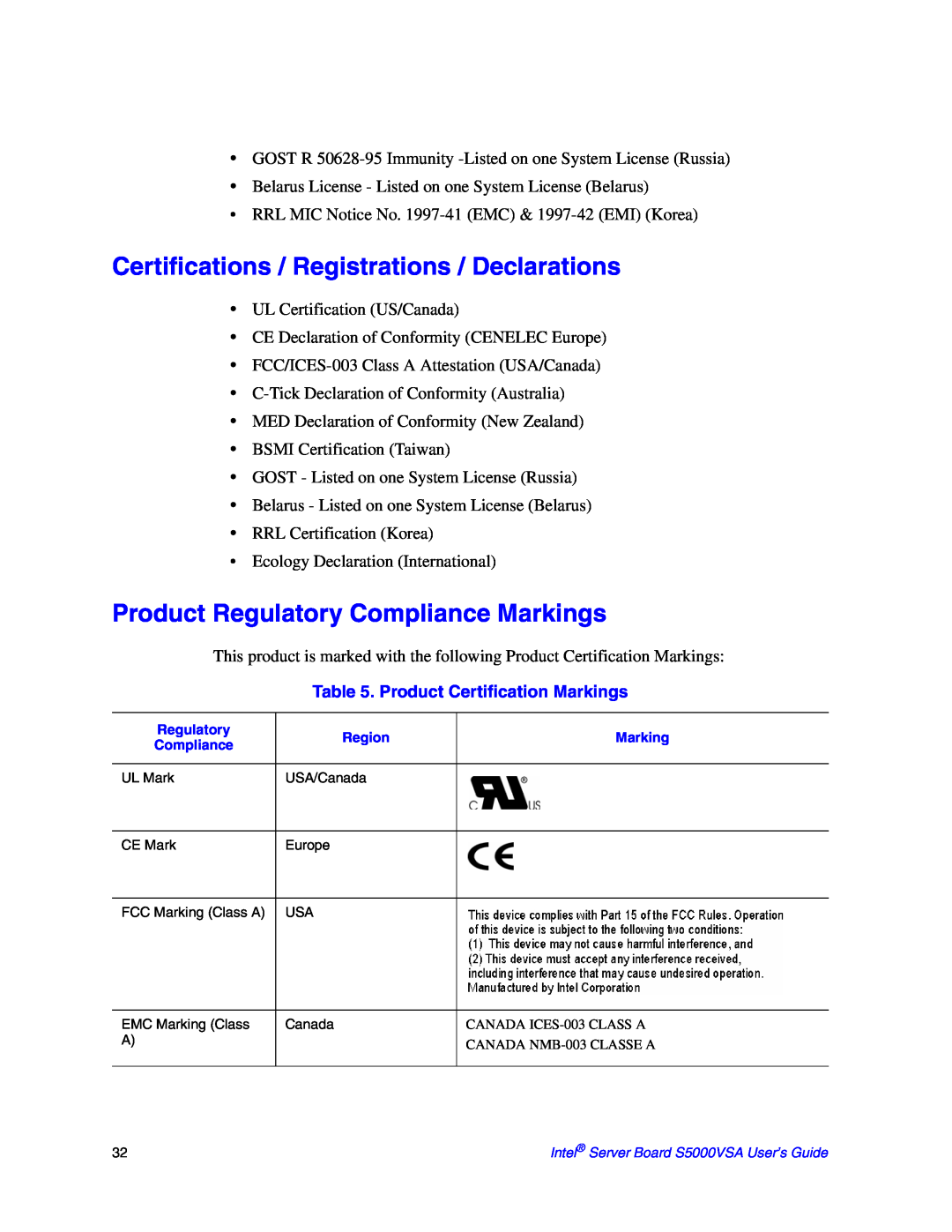 Intel S5000VSA manual Certifications / Registrations / Declarations, Product Regulatory Compliance Markings 