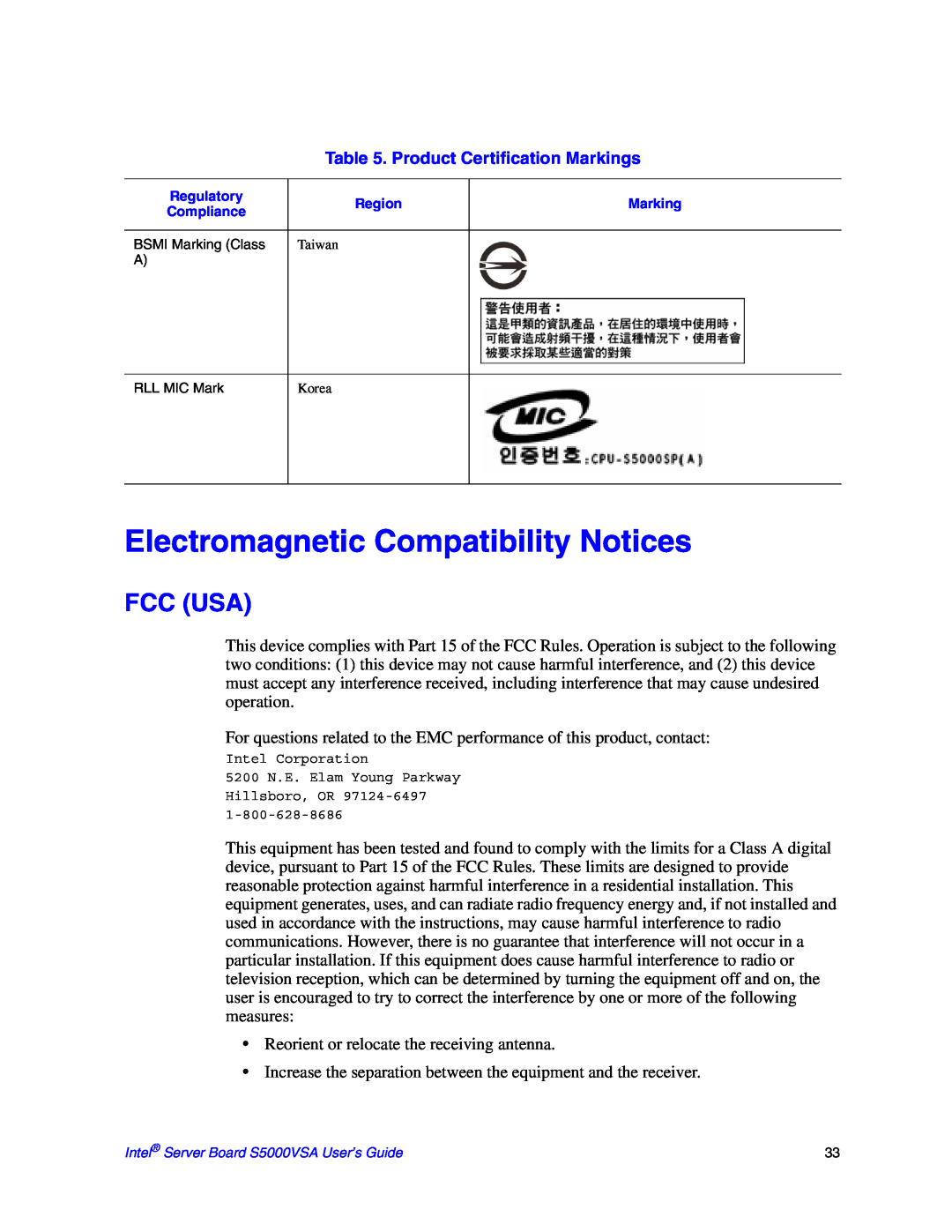 Intel S5000VSA manual Electromagnetic Compatibility Notices, Fcc Usa, Product Certification Markings 