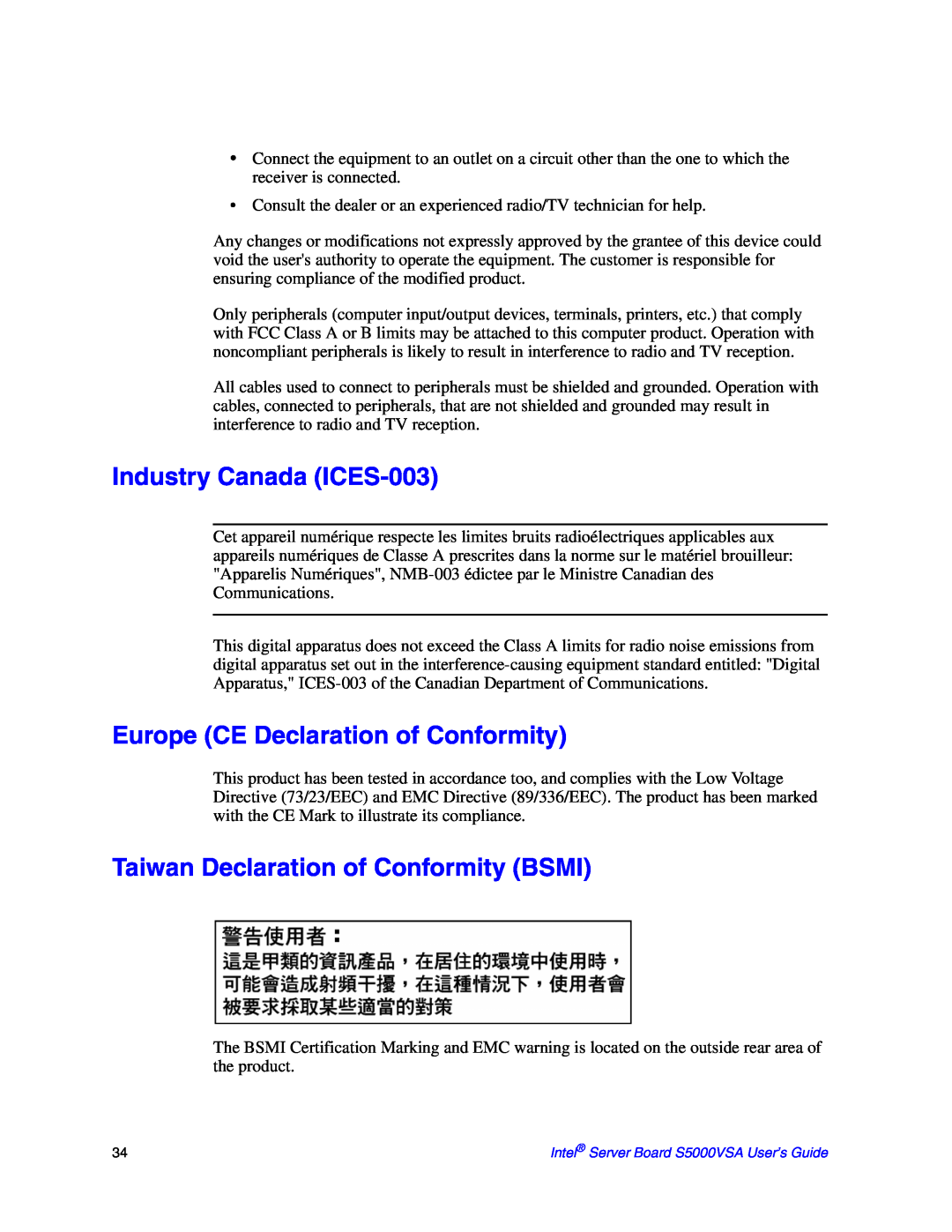 Intel S5000VSA manual Industry Canada ICES-003, Europe CE Declaration of Conformity, Taiwan Declaration of Conformity BSMI 