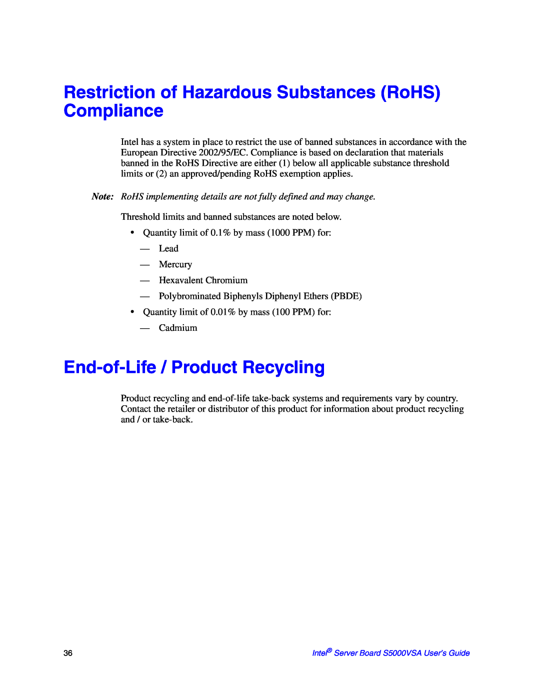 Intel S5000VSA manual Restriction of Hazardous Substances RoHS Compliance, End-of-Life / Product Recycling 