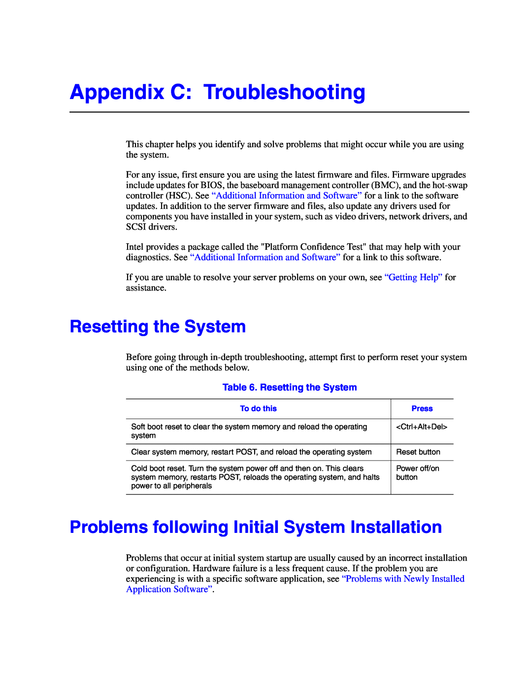 Intel S5000VSA manual Appendix C Troubleshooting, Resetting the System, Problems following Initial System Installation 